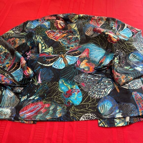 Chico's Bold Butterfly Print Open 3/4 Tie Sleeve 100% Silk Jacket Sz 0 US Small - Picture 12 of 13